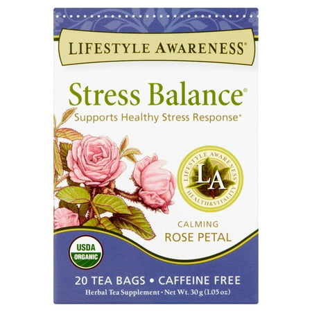 Lifestyle Awareness Stress Balance Tea with Calming Rose Petal, Caffeine Free, 20 Tea Bags, Pack of