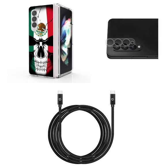 Accessory Bundle for Galaxy Z Fold 4: Slim Snap-On Case (Mexico Skull), Rear Camera Glass Protector, Nylon Braided USB-C to USB-C Cable (4 Feet)