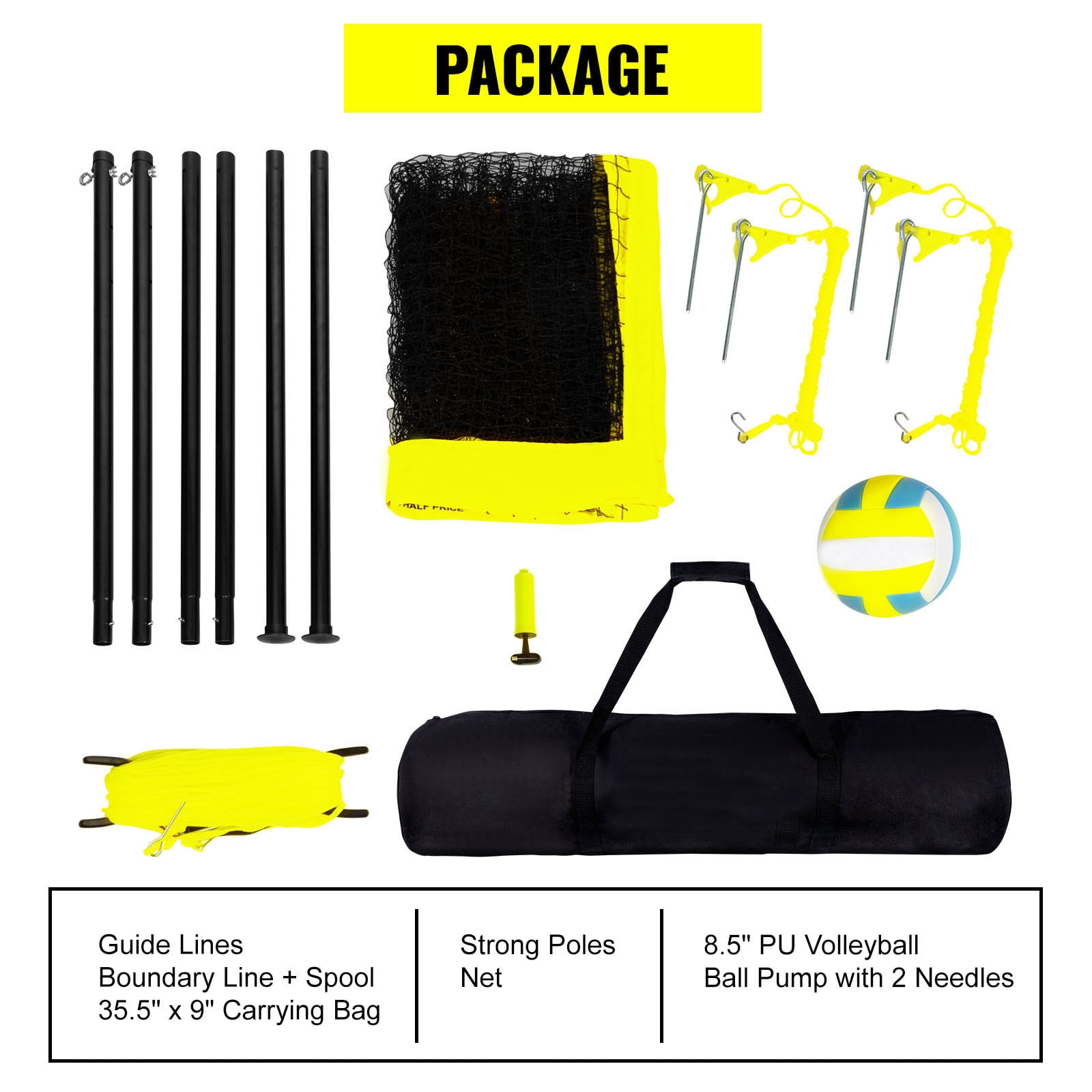 KFFKFF Portable Volleyball Net Kit for Outdoor Use, Steel Poles with Adjustable Height, Pro Volleyball Set Including PVC Volleyball, Pump, Transport Bag, Robust Volleyball Net