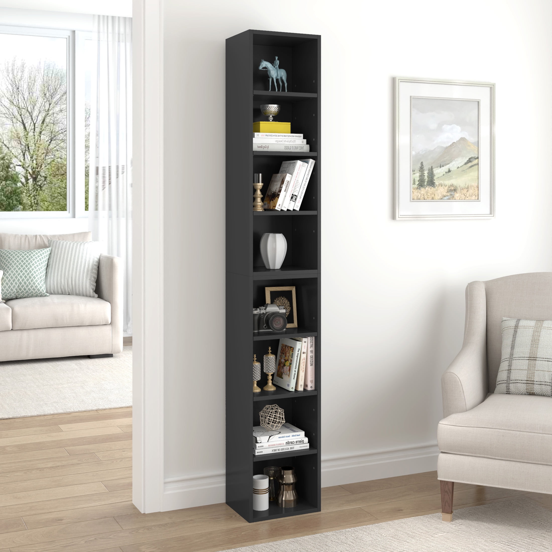PORKISS 8-Tier Bookshelf, Wood Open Display Bookshelf with Adjustable Shelves, Tall Narrow Bookcase with Slim Storage, Modern Book Display Shelf Media Tower Rack for Living Room, Home Office, Black