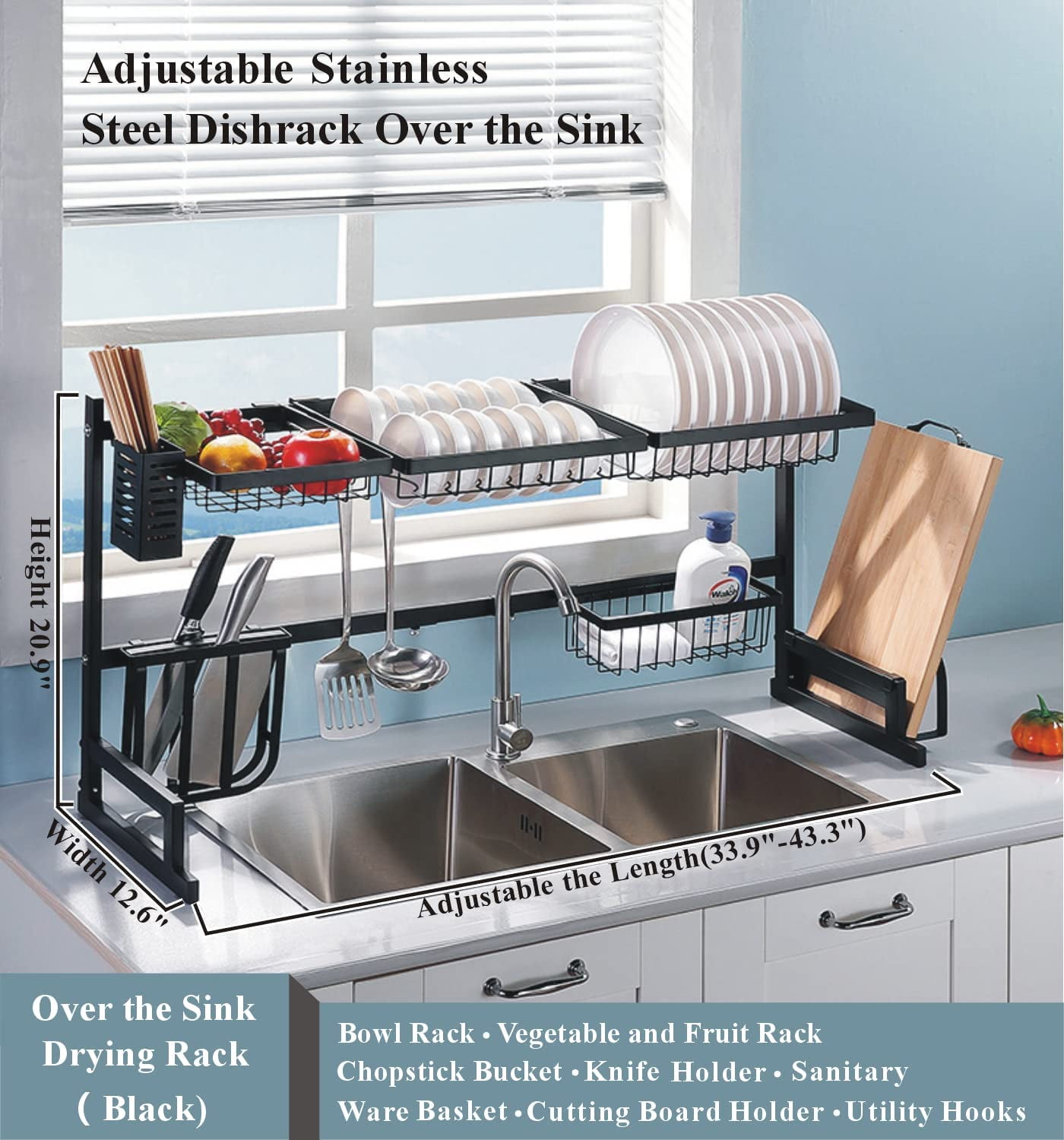  Over The Sink Dish Drying Rack, 2 Tier Adjustable Length  (18.9 to 33.5) Sturdy Kitchen Counter Dish Rack Organizer, Black