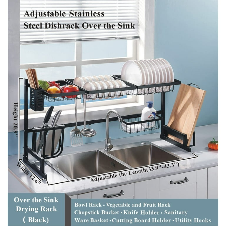 PUSDON Adjustable Dish Drying Rack Over Sink (33-45) 3 Tier, 2 Cutlery  Holders Large Drainer for Kitchen Storage Counter Organization, Stainless