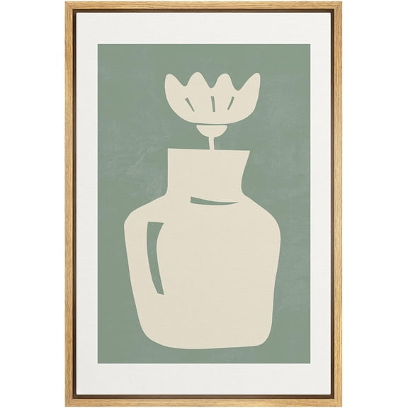IDEA4WALL Framed Canvas Wall Art Minimal Pastel White & Green Garden Flower Vase Modern Art Nordic Abstract Digital Art Contemporary Artwork for Living Room, Bedroom, Office - Natural 24"x36"