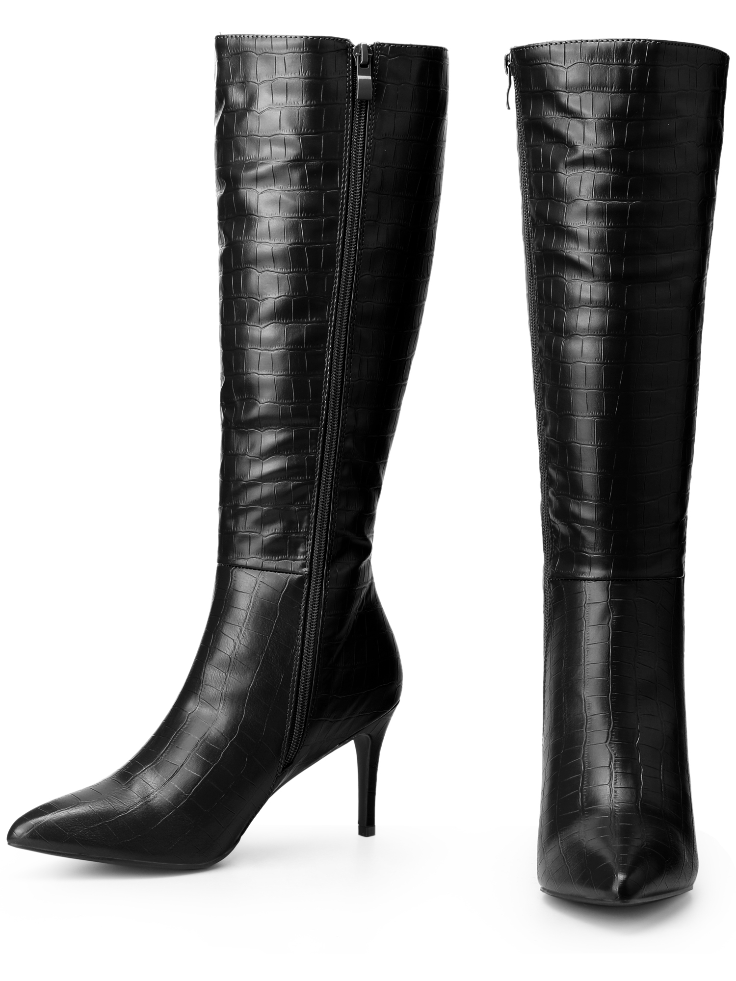 DARING DIVA Women's Stylish Stiletto Heels Knee High Boots with Pointed Toe Black 8