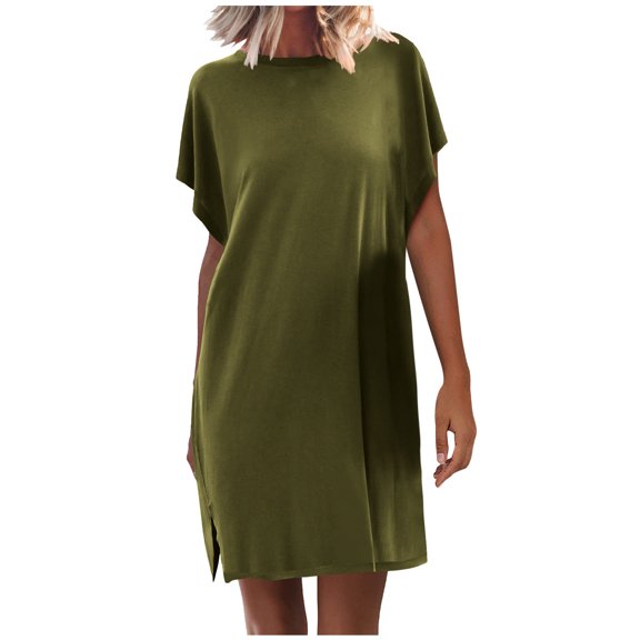 QUYUON Women T Shirt Mini Dresses Crew Neck Short Sleeve Summer Shirt Dress Loose Casual A-Line Tunic Short Dresses Side Split Regular Size Solid Color T-Shirt Dress, Army Green L