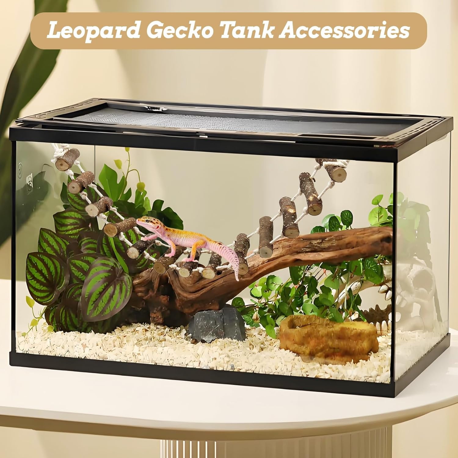 Reptile Bridge Climbing Ladder Wooden Basking Lounger Tank Accessories for Hermit Crab Bearded Dragon Chameleon Lizard (Fruit Wood)