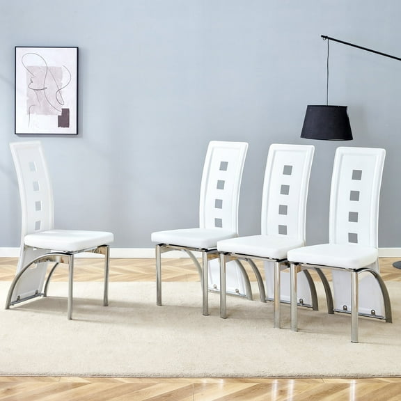 NYEESS Modern Dining Chairs Set of 4, White PU Leather Upholstered with Silver Metal Legs, High Back for Kitchen, Dining Room