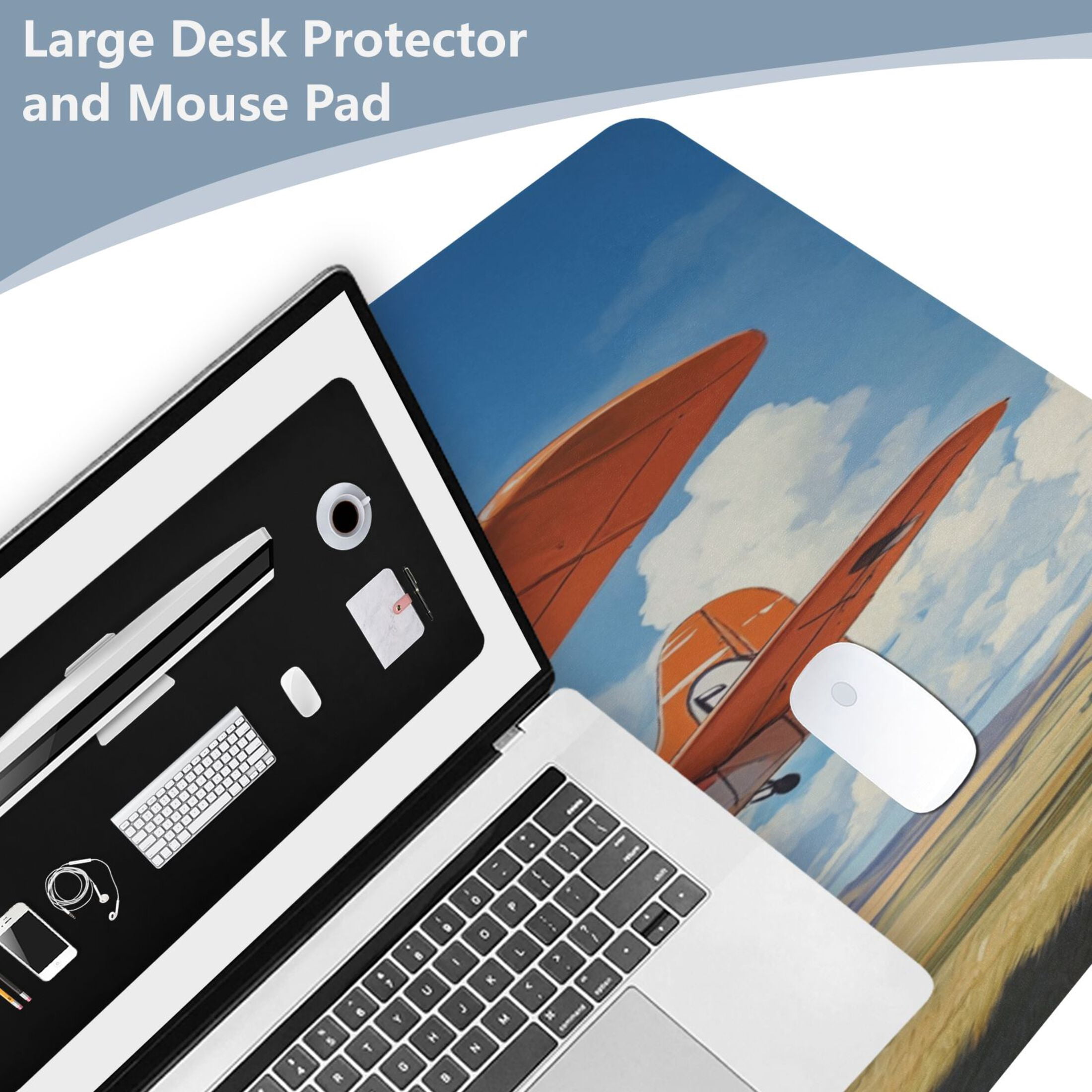 Wobogo Orange Airplane Gaming Mouse Pad Non-slip Leather Desk Mat Water Resist Keyboard Pad for Gamer Office 16.5×35.4in