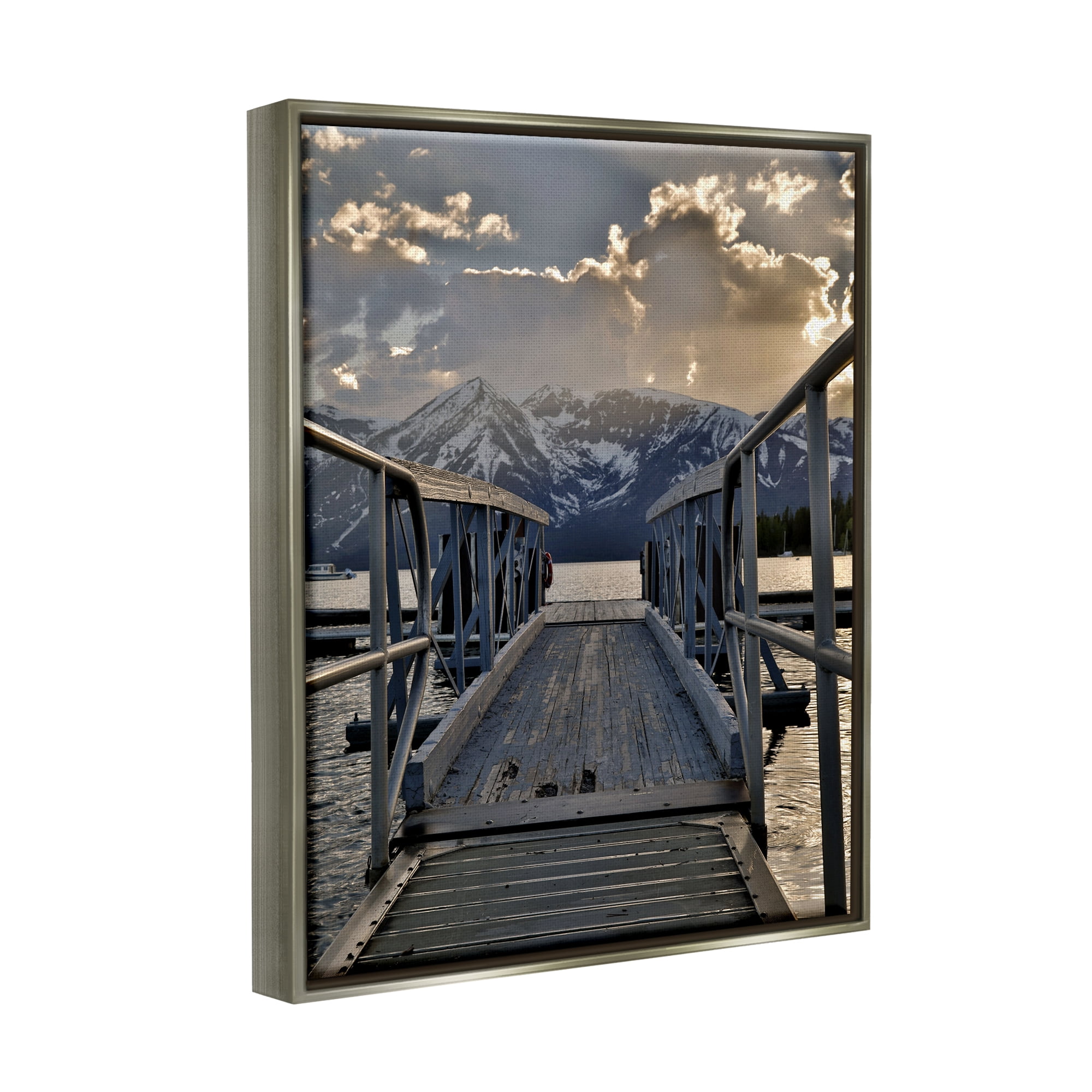Stupell Industries Dock & Mountain View Landscape Photography Gray Floater Framed Canvas Art Print Wall Art, 17 x 21