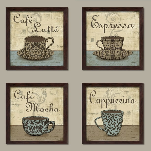 Gango Home Decor Vintage Coffee Cup Kitchen Wall Art Four Beige 12x12in Prints In Brown Frames Com - Coffee Wall Art Decor