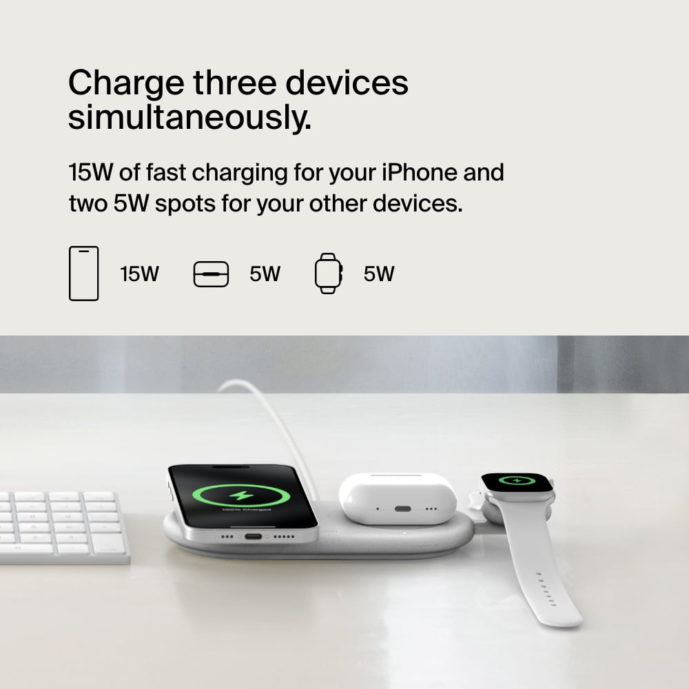 Belkin BoostCharge Pro 3-in-1 MagSafe-Compatible Wireless Charging Pad with Qi2 15W, Fast Charging iPhone Charger, Compatible with iPhone 15, 14, and 13 Series, AirPods, Apple Watch, & More - White