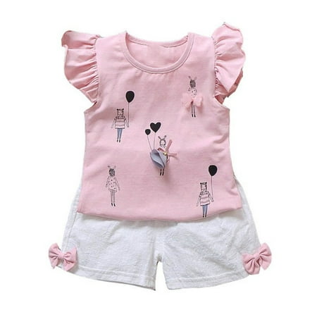 Summer Children Baby Girls Casual Cartoon Pattern Flare Sleeve Tops T-Shirt+Shorts Suits Costume