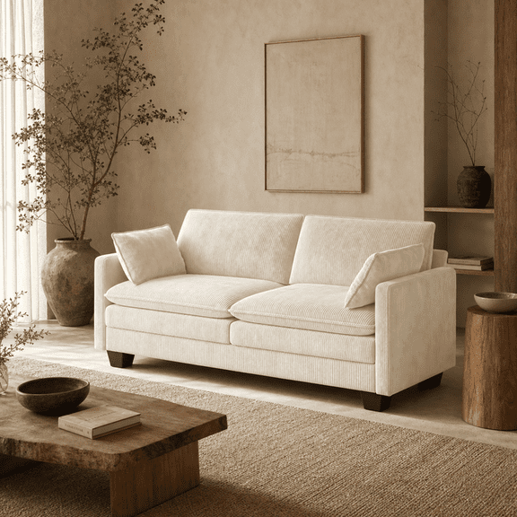 Aiho Modern Corduroy Sofa Couch – Deep Seat, Thick Double-Layer Cushions, Heavy-Duty 440 lbs Load Capacity, Washable Cover, Armrest Pillows - Beige