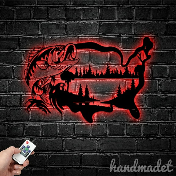 Handmadetneonsign Custom Bass Fishing Metal Wall Art LED Light, Father Day Fishing Metal Sign