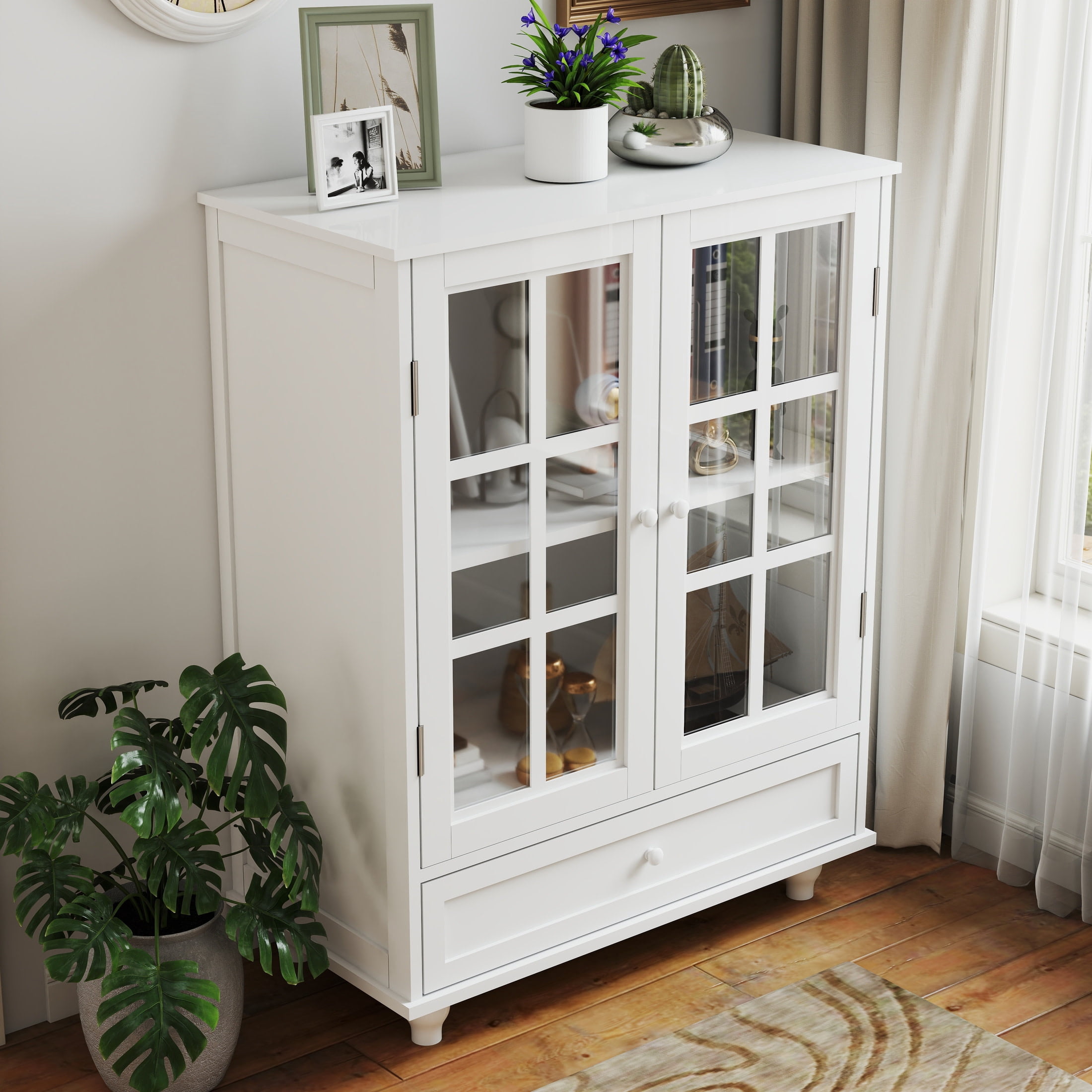 Noble House Minimalist Buffet Cabinet with Glass Doors and Drawer, Sideboard Cupboard for Dining Room, White