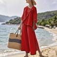 thumbnail image 2 of UPPADA Two Piece Lounge Set for Women V Neck Pleated Short Sleeve Shirts and Wide Leg Pants Sets 2 Piece Outfits for Women formal Evening Red,XXXL, 2 of 8