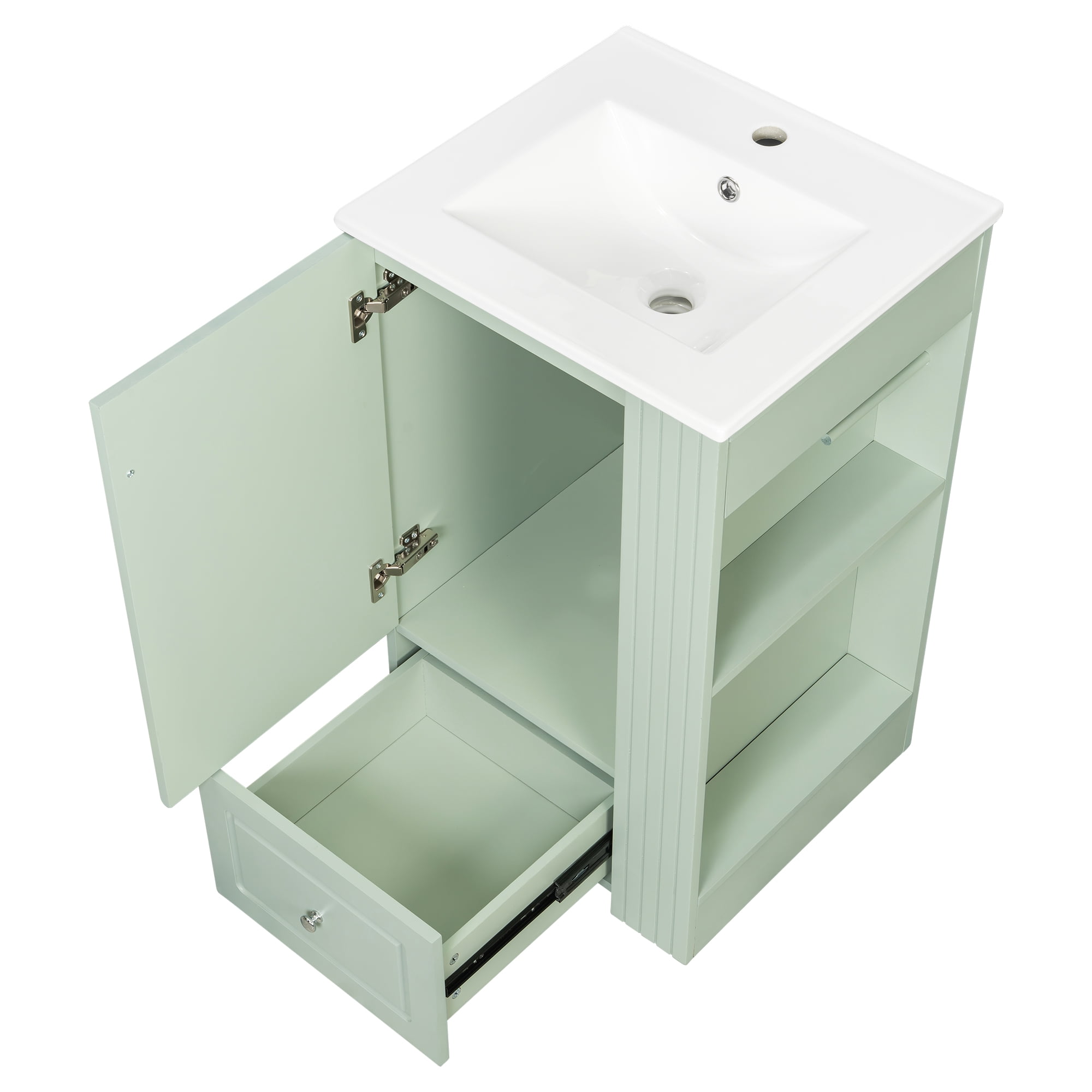 Euroco 20" Freestanding Bathroom Vanity with Ceramic Sink, Single Faucet Hole, MDF Storage Cabinet with Soft-Close Drawer, Open Side Shelves with Pinewood Towel Bar