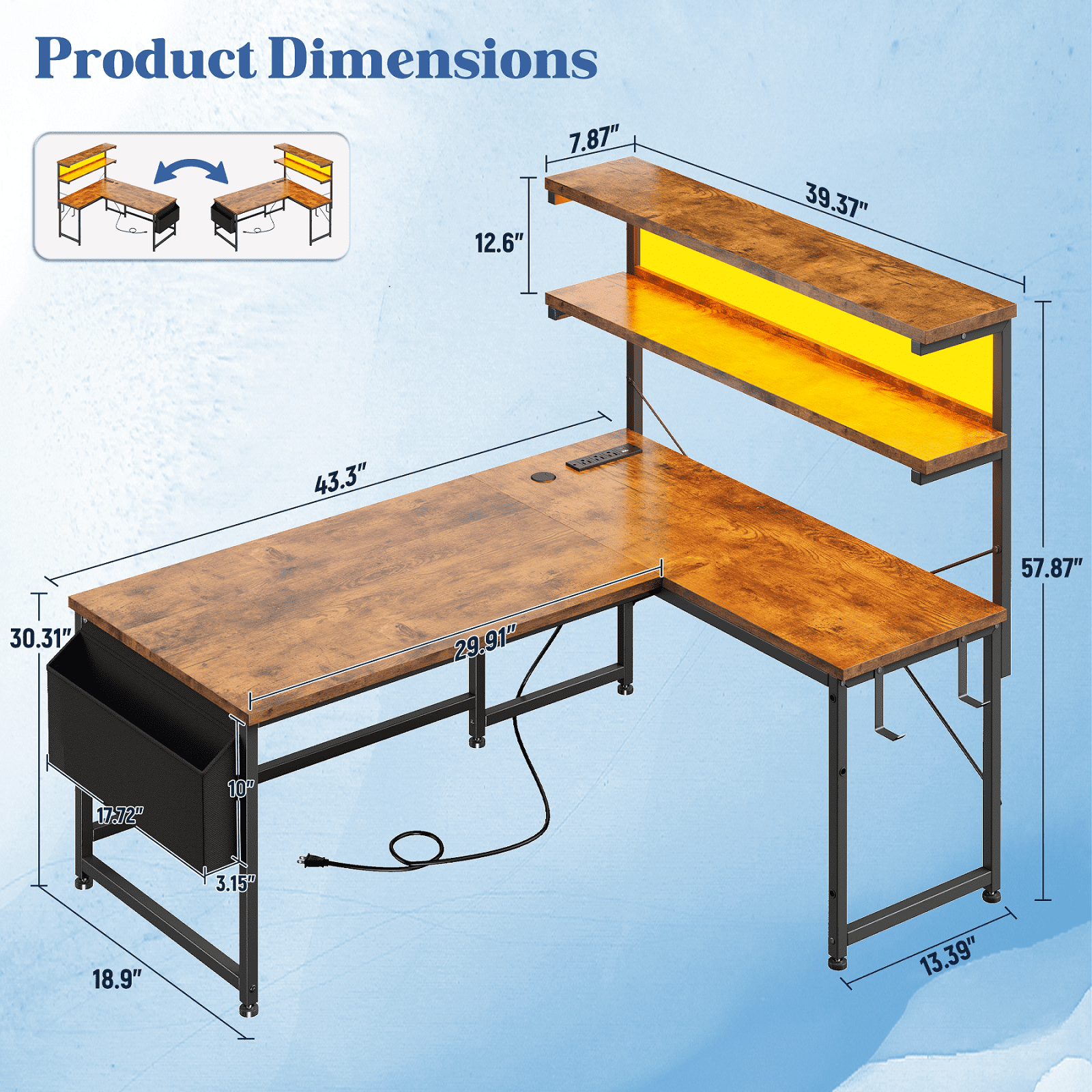 Romorgniz L Shaped Computer Desk with LED Lights & Power Outlet, Reversible 43.3"W Gaming Desk with Storage Shelf, Side Bag, Hooks for Home Office, Rustic Brown