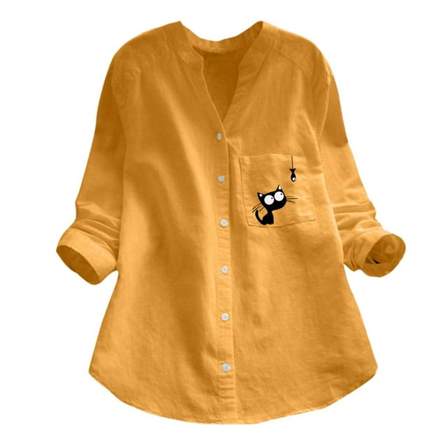 Kcodviy Blouse en Coton et Lin pour Femmes Manches Longues Décontractée d'Été Imprimé Chat Chemise Boutonnée pour Camping