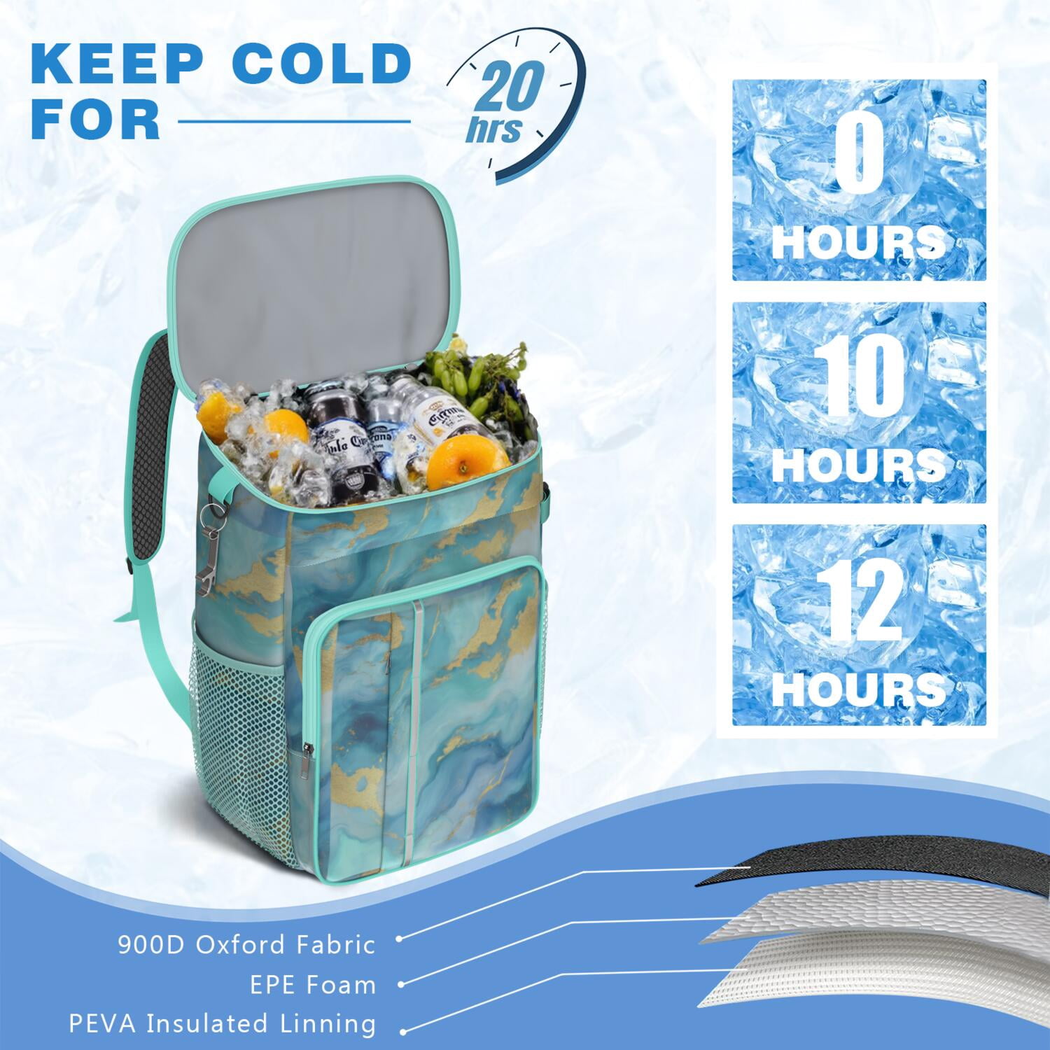 Travel Cooler Bag - Teal Gold Marble Camping Beer Cooler Backpack with Bottle Opener- Waterproof Insulated Picnic Backpacks - Cooler Bag for Beach