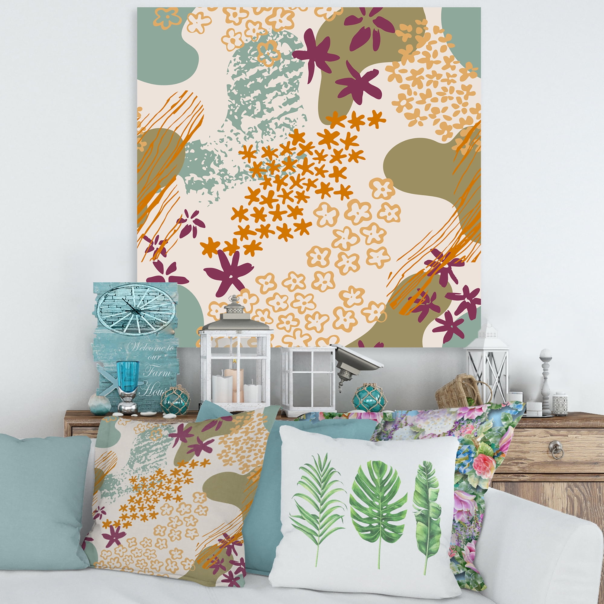 Designart ' Fluid Shapes and Flowers Silhouettes ' Modern Canvas Wall Art Print