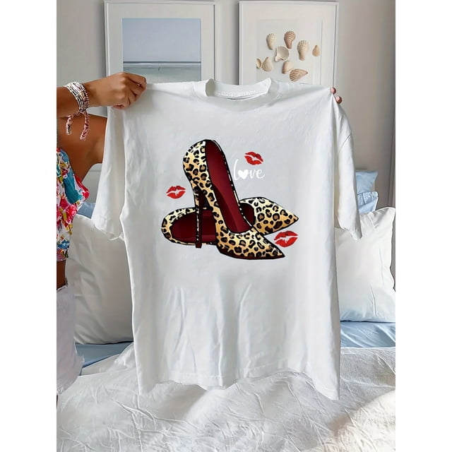 Camiseta de Moda de Verano para Mujer con Estampado de Leopardo, Tacones Altos, Texto Love y Diseño de Huella de Labios, 180g, Ropa Casual,Top de Moda,Patrón Geométrico,Diseño de Texto de Amor,Textura