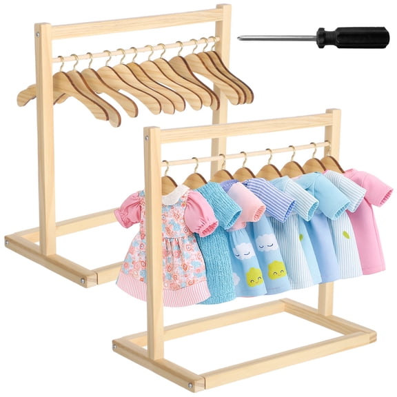 2 Pcs Doll Garment Racks, Wooden Doll Clothes Storage Racks with Cloth Hangers, Mini Doll Pet Clothes Organizers, Ideal for Display and Organization
