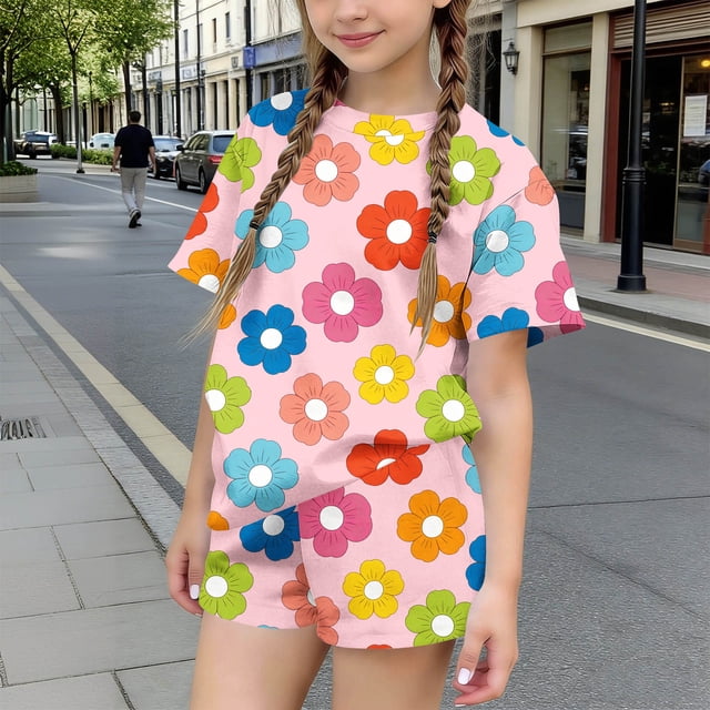 RKSTN Girls Ensembles pour Filles, T-Shirts à Col Rond à Manches Courtes à Imprimé Floral Coloré avec Shorts, Grande Enfant, Ensemble Pièce Two (Rose, 9-10 Ans)
