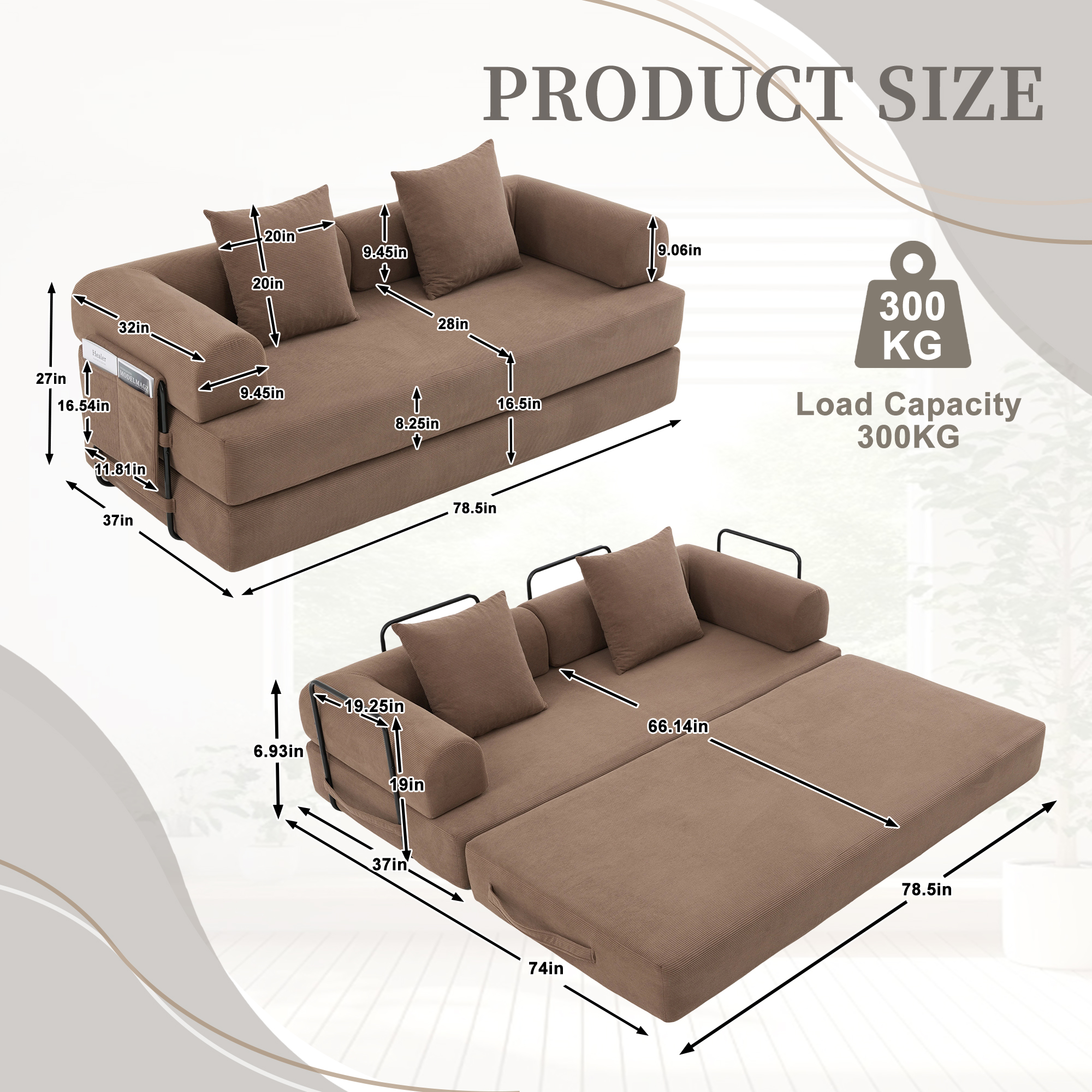 MOONMISS Corduroy Upholstered Modern Comfort Foldable Compressible Sofa Bed with Sturdy Metal Frame-Brown