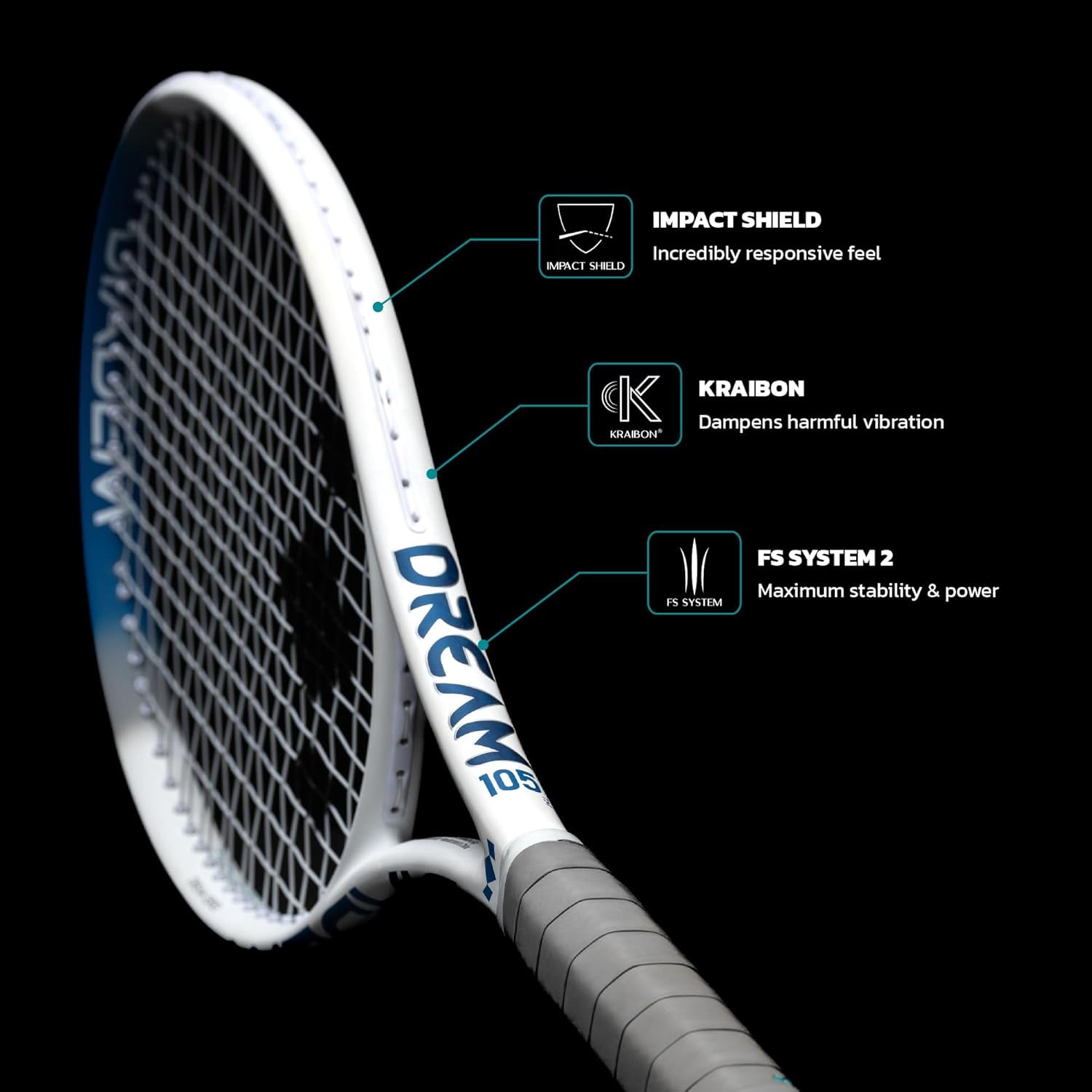 Diadem Dream Performance Tennis Racket - Advanced Shock Absorption, Oversized Head, Power, and Control, Lightweight, Ideal for All Levels (Dream 105, Grip Size: 4 1/8" (L1)) (Unstrung)