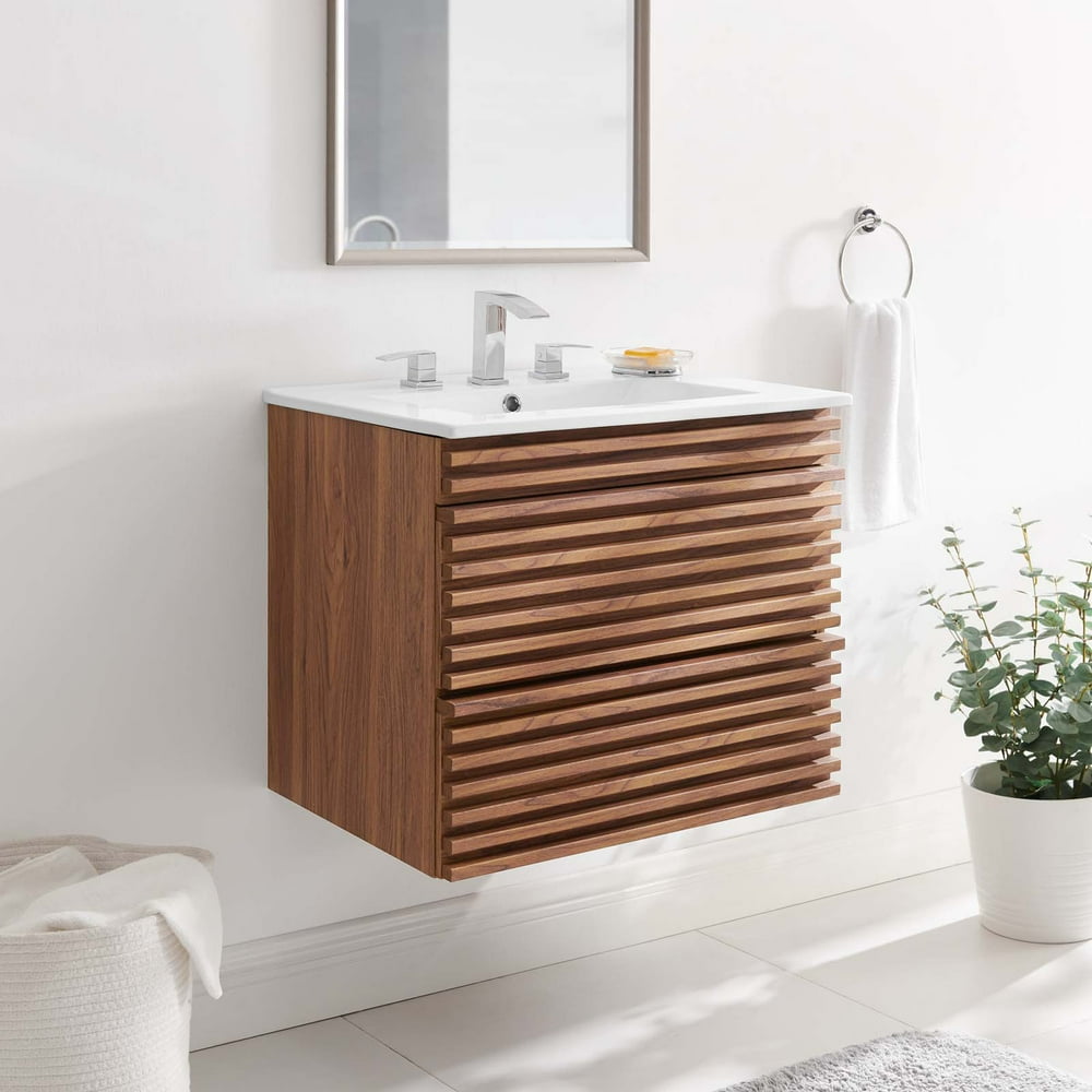 Modway Render 24" WallMount Bathroom Vanity in Walnut White