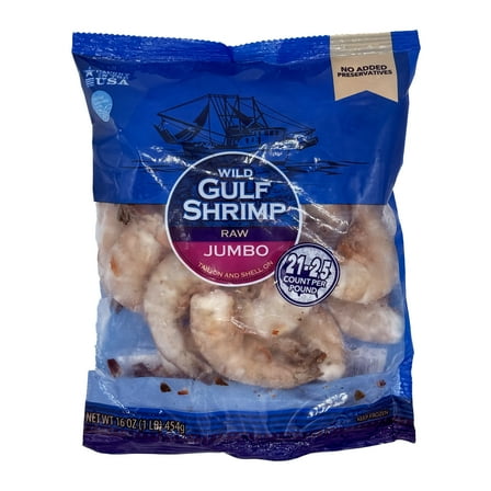 Frozen Wild Caught US Gulf Shrimp, Jumbo 21-25 Shell-On All-Natural, 16 oz bag