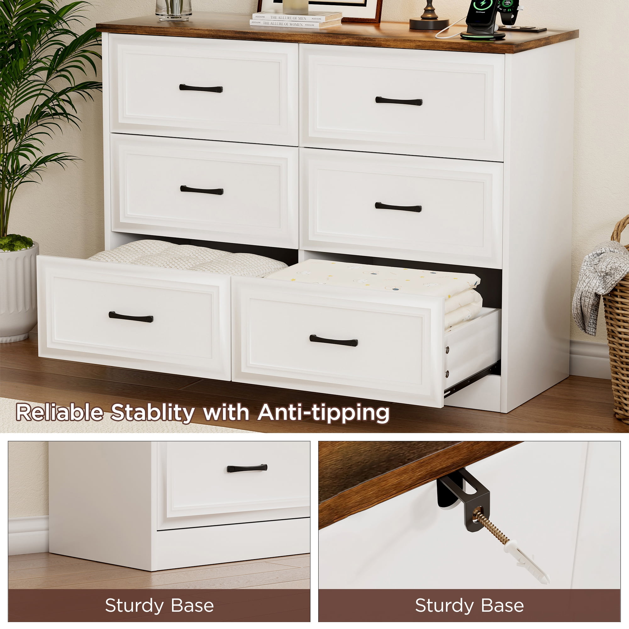 Vabches 6 Drawers Dresser with Charging Station for Bedroom, Wood Chest of Drawers, Farmhouse