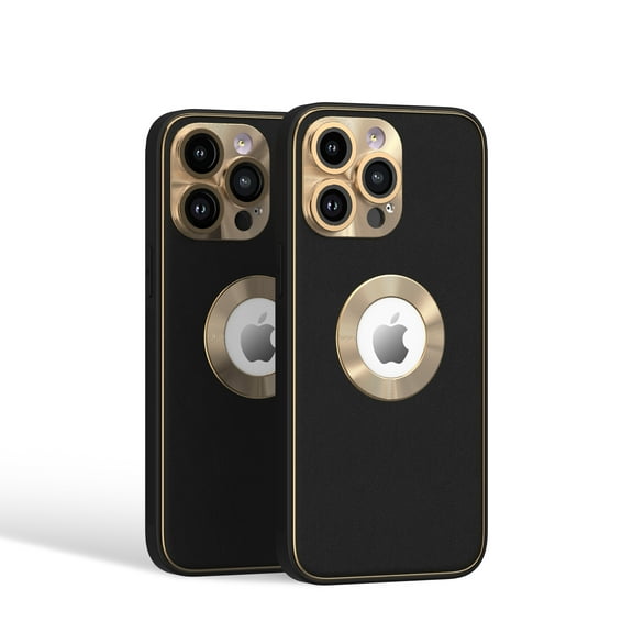 For Apple iPhone 14 Pro Max PU UV Leather Design Hybrid with Chrome Circle PC Hard Shockproof Bumper Full Body Protective Cover ,Xpm Phone Case [ Black / Gold ]