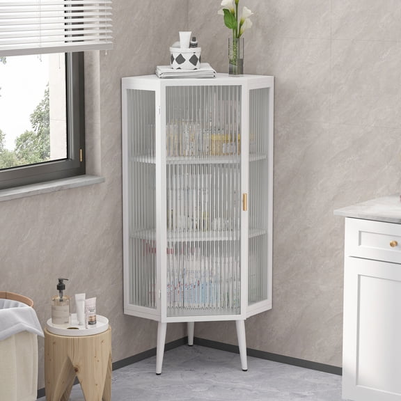 Metal and Glass Corner Cabinet with High Load Capacity / Top Plate Bears 66 Pounds