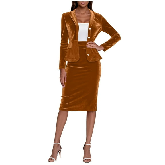 Women's Velvet 2PC Outfit Set Long Sleeve Lapel Cardigan Coat Mid Bodycon Zip Skirt Loungewear Suit Orange L