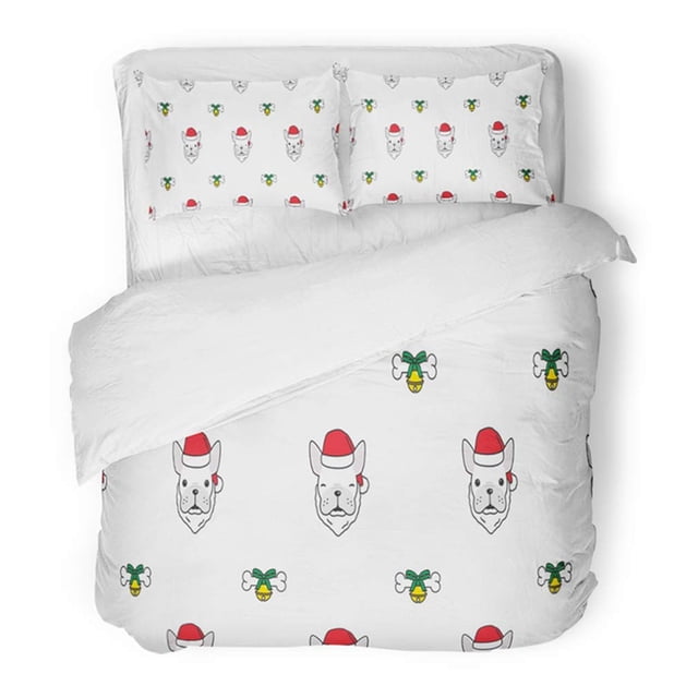 ABPHQTO Juego de ropa de cama de 3 piezas Perro Bulldog Francés Navidad Papá Noel Campana Arco Raza Bull Terrier Gato Funda nórdica con 2 fundas de almohada