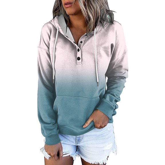 UAMVSH Women Button Long Sleeve Hoodie with Pockets Trendy Gradient Color Hooded Sweatshirts Casual Drawstring Pullover Outfits(X-Large,White)