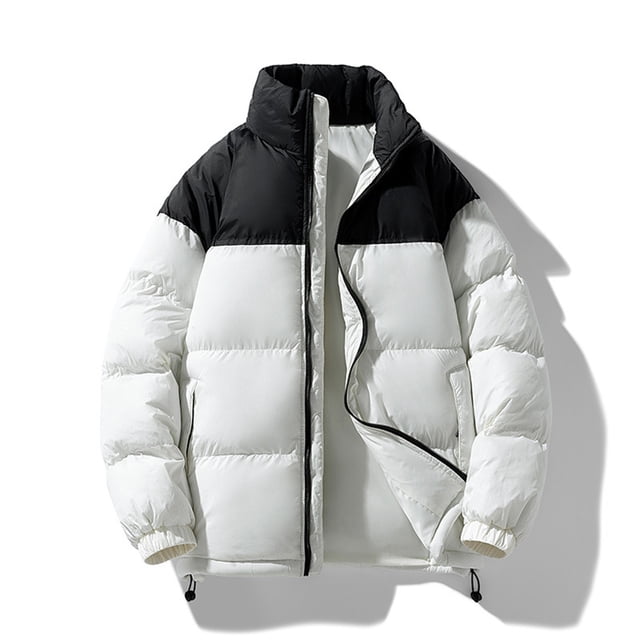 Men's Long Sleeve Stand Up Collar Zipper Cardigan Thickened Warm Jacket with Color Block for Winter Outdoor Heavy Duty
