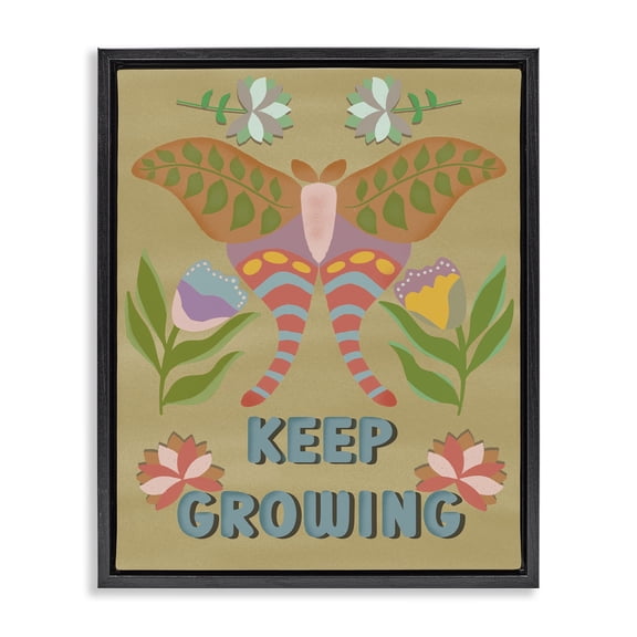 Stupell Industries Keep Growing Butterfly Quotes and Sayings Painting Black Floater Framed Canvas Art Print Wall Art, 17 x 21