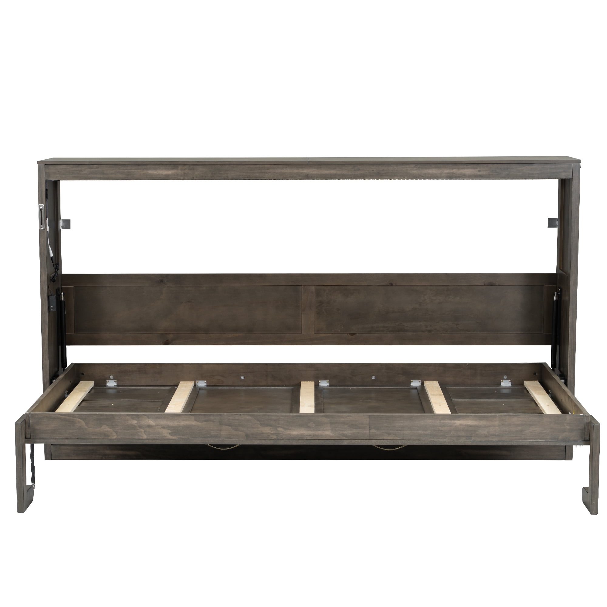 Euroco Wood Twin Size Murphy Bed with LED Light and Desktop, Storage Cabinet Wall Bed, Brown