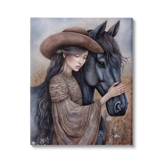 Stupell Industries Girl with Black Stallion Animals & Insects Painting Gallery Wrapped Canvas Art Print Wall Art, 16 x 20