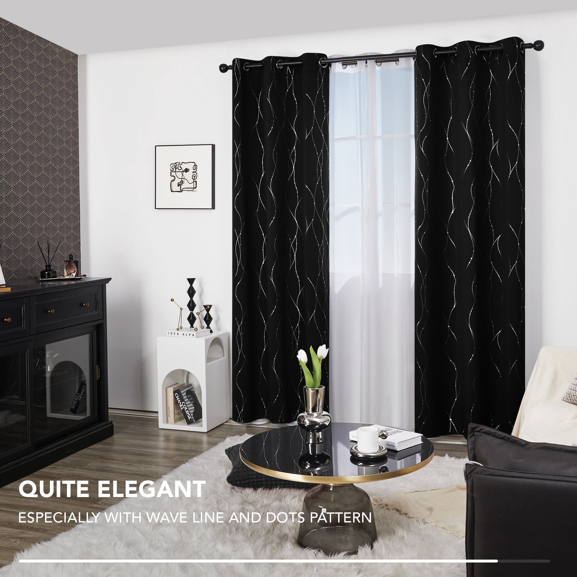 Deconovo Silver Printed Blackout Curtains - 2 Panels, Wave Dots Pattern, Grommet Top, 42"x63", Thermal Insulated Drapes for Bedroom & Living Room, Black