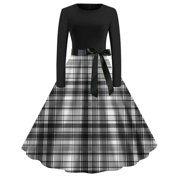 BangWanChi Black Dresses for Women Women's Fashion Casual Long Sleeve Round-Neck Knee-High Checker Printing Dress