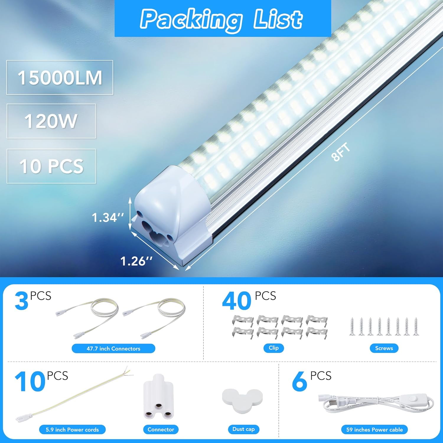 (10-Pack) 8ft LED Shop Light Fixture, V Shape 150W 18800LM 6000K ( Cold White),8 Foot , 96'' T8 Integrated LED Tube, Linkable Led Bulbs for Garage, Warehouse, Plug and Play, Clear Lens