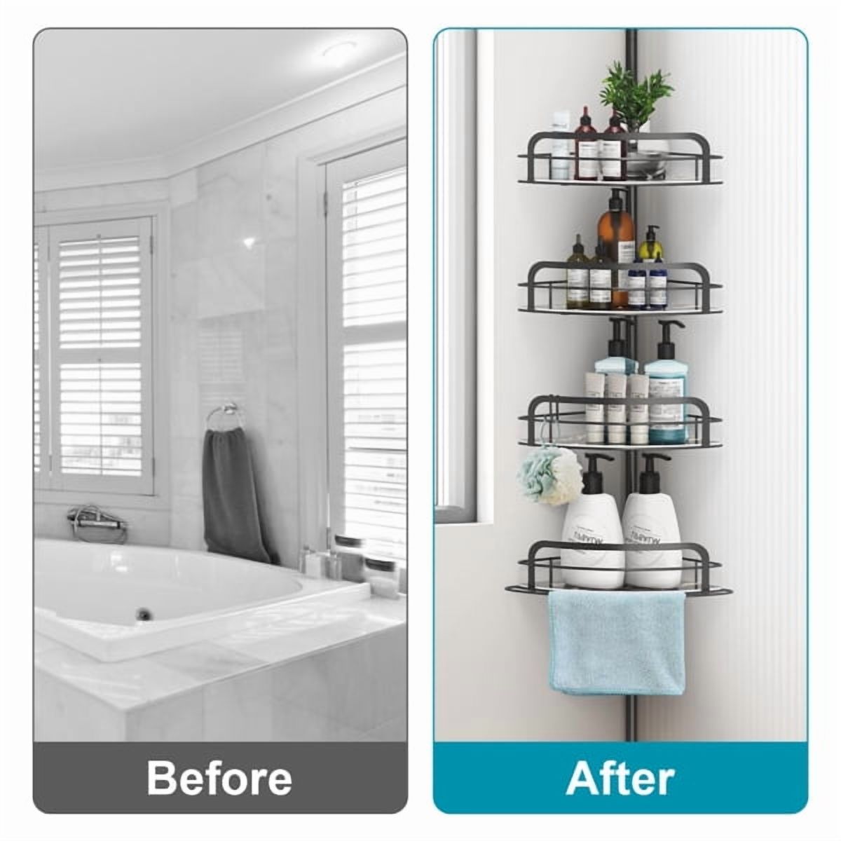 Corner Shower Caddy Tension Pole, Quick Setup, Rust-Free Bathroom Shower Organizer Corner for Bathtub Shampoo Storage, 4-Tier Adjustable Shelf, Drill Free, Fits 8.66 to 116 Inch Height, Black