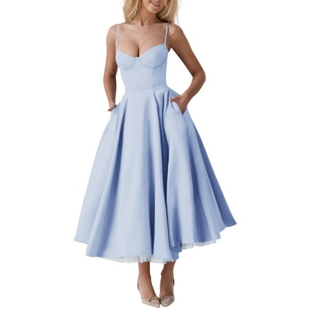 LISTHA Plus Size Formal Dresses for Women 2025 Prom Spaghetti Strap Cocktail Dress Spring Casual Dress Corset Midi Dresses with Pockets Light Blue S