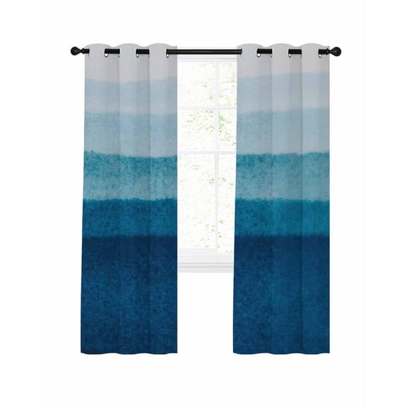Blue Ombre Blackout Curtains, Light Blocking Print Window Curtains, Ocean Waves Beach Gradient Thermal Insulated Window Drapes for Living Room Kitchen Cafe 2 Panels, 104"W x 84"L