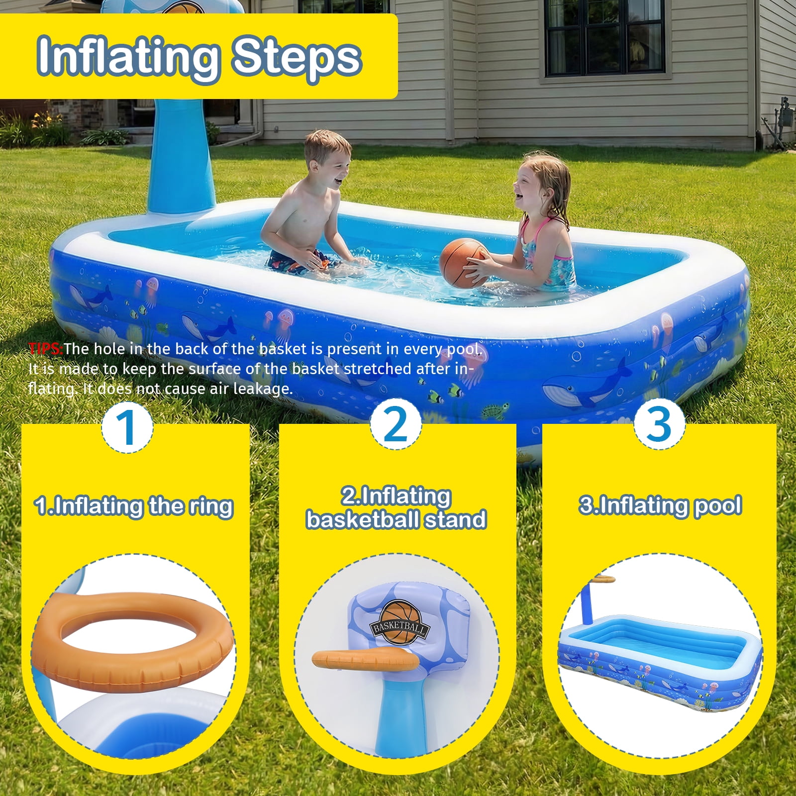 Mibote Inflatable Swimming Pool, 120" x 72" x 24" Blow up Pool for Kids Toddler Adults Family, Backyard Outdoor