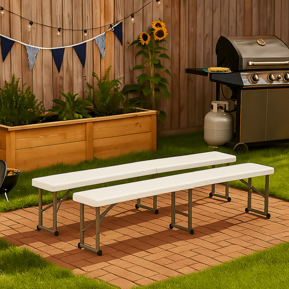 Homy Casa Outdoor Folding Bench Set of 2, Portable Chair for Backyard BBQ & Party Events, White